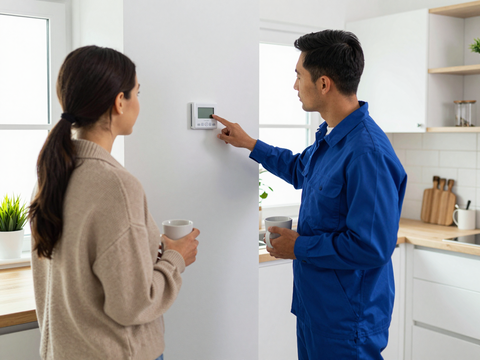 Technician explaining thermostat to homeowner
